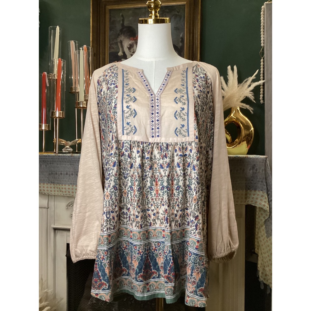 Vintage America Women Large Floral Paisley Embroidered Peasant Tunic Top